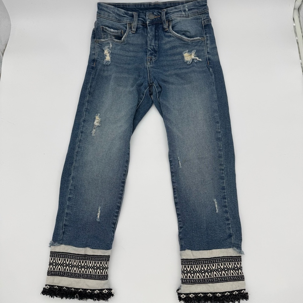 BLANKNYC Boho Tapered Jeans w/ Embroidered Fringe Cuffs – Size 24